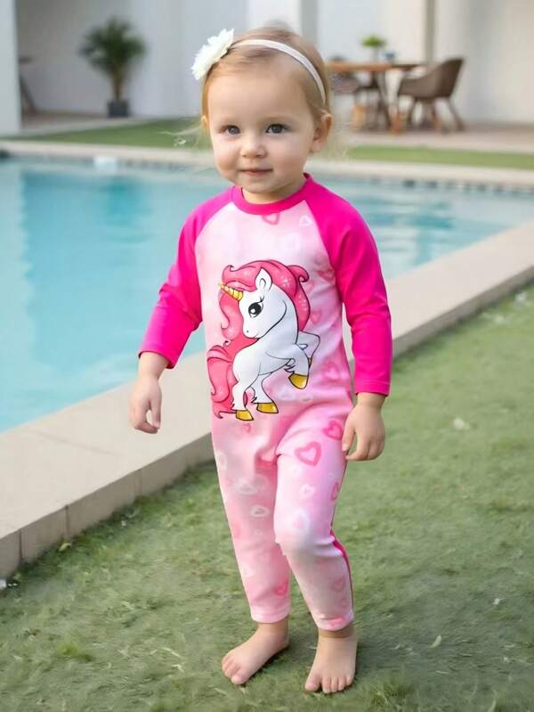 Baby Girls 1-Piece Long Sleeve & Pants Swimsuit, Cute Red Horse Print Zipper, Easy To Wear Children's Romper Swimwear, Fashionable Casual Elegant Lady For Swimming, Vacation, Summer Toddler Swim Wear Baby Swim Wear Swim Suits For Kids Toddler Swimming Suits For Baby Baby Girl Swim Wear