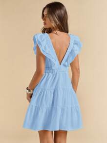 SHEIN BAE Linen V-Neck Short Sleeve Slim Fit Mini Dress, Vacation Dress, White Dress, Graduation & Back To School Dress,Boho Clothes Women - Baby Blue - View 2