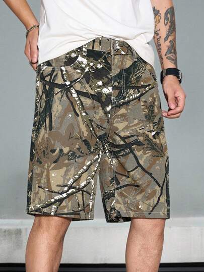 Manfinity EMRG 男士休闲印花口袋牛仔短裤，夏季