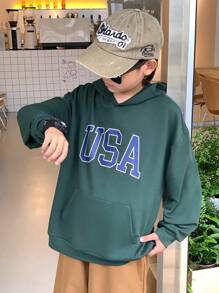 SHEIN Tween Boy Letter Print Drop Shoulder Long Sleeve Sweatshirt With Pockets,In Fall/Winter - Green - View 4