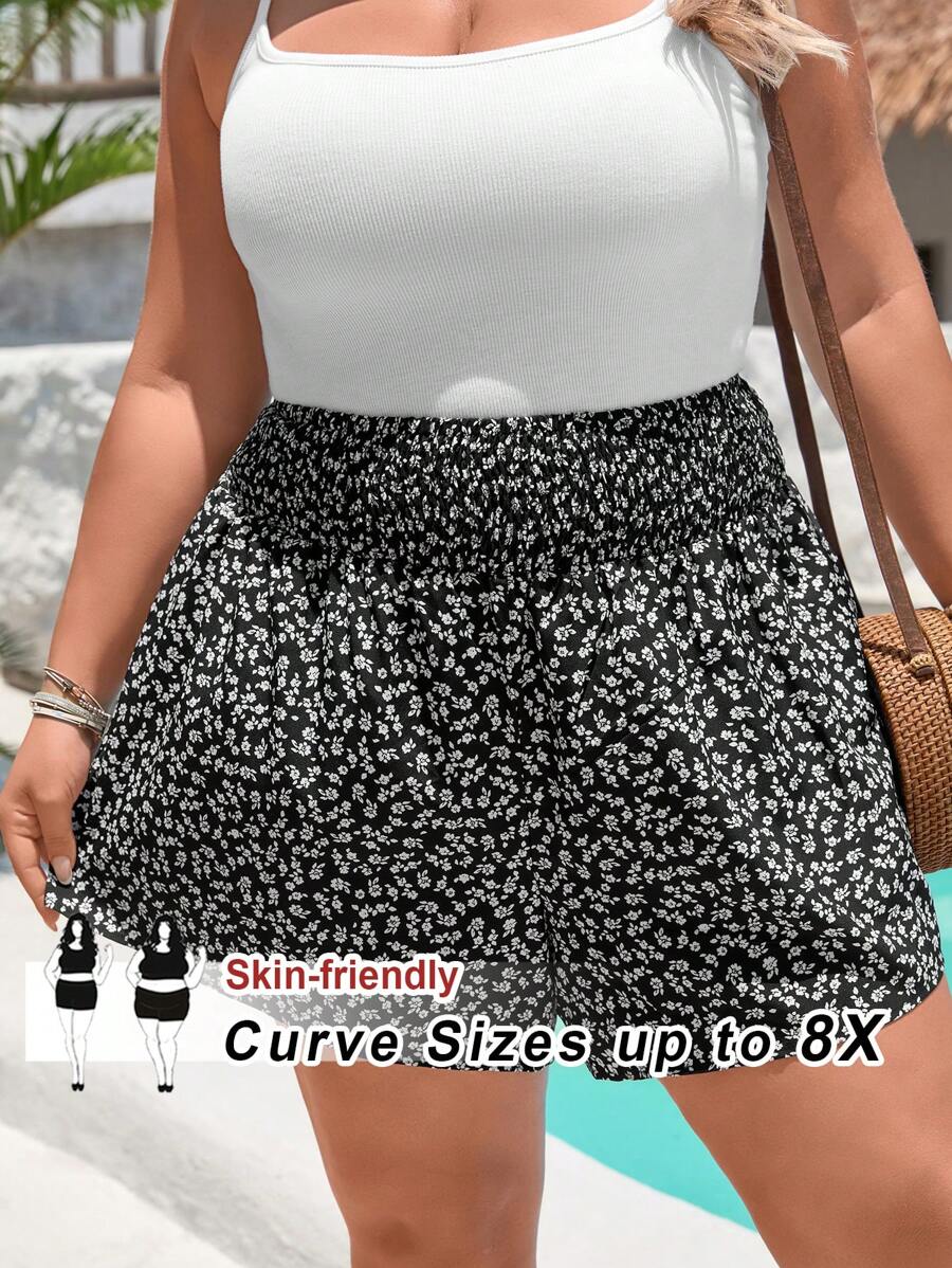 SHEIN CURVE+ 大码女式碎花斜口袋短裤，曲线加大，波西米亚度假风