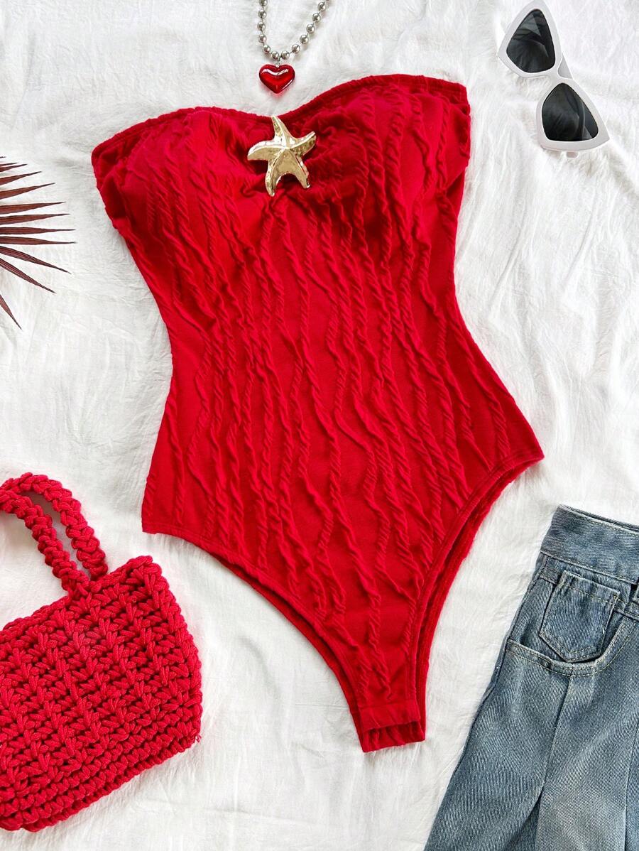 Soleia 女士沙滩装海星装饰抹胸连体衣，合身廓形，适合度假、海滩约会、下午茶、度假、音乐节、波西米亚风分层穿着 - 紅色 - 查看 1