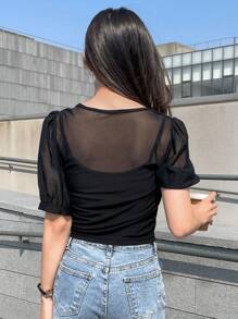 DAZY Contrast Mesh Puff Sleeve Top Going Out Tops Sheer - Black - View 2