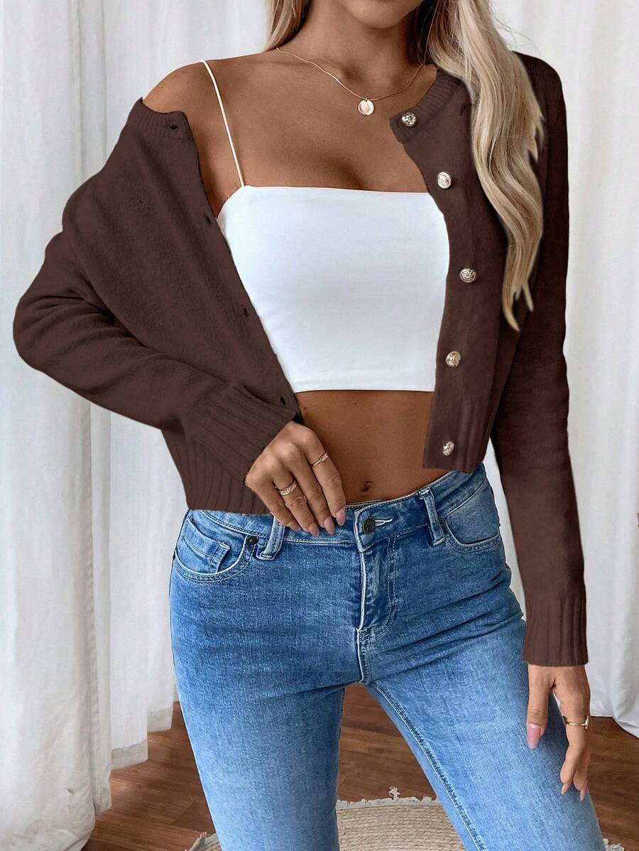 EMERY ROSE Women Plain Color Button-Up Casual Cardigan Fall Winter Cloth For Women - Rust Brown - View 1