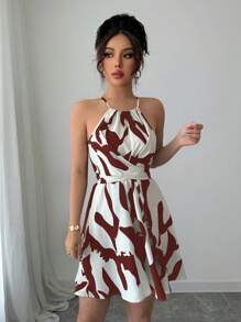 Elenzga 女式黑白印花优雅无袖挂脖连衣裙 - 酒紅色 - 查看 5