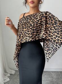 Elenzga 女士豹纹肩部裹身连衣裙套装，搭配罗纹吊带裙，优雅两件套 - 黑色 - 查看 5