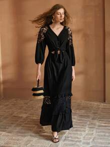 MOTF PREMIUM LINEN CONTRAST LACE CUT OUT DRESS - Black - View 3