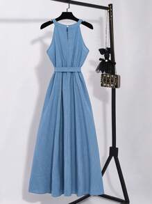 SHEIN Unity 法式优雅系带腰部设计独特连衣裙，时尚别致的女士风格，春夏 - 藍色 - 查看 2