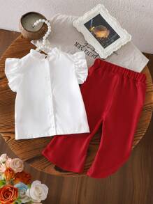 SHEIN 2pcs/Set Baby Girls 2025 Summer New Sleeveless Top + Red Casual Pants - Red - View 2