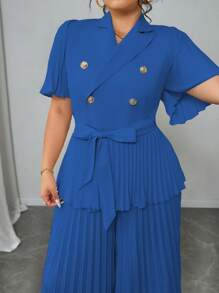Elenzga 大码女式法式优雅简约短袖宽松短款上衣和裙子两件套，夏季 - 藍色 - 查看 3