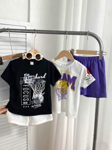 Set de 4 piese pentru băieți, casual, versatil, cu imprimeu de baschet, top cu mânecă scurtă și pantaloni scurți