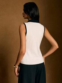 Poéselle Women Contrast Color Lapel Single-Breasted Sleeveless Casual Knit Top - Black and White - View 2