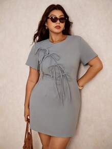 Elaquor Plus Size Bow Knot Tie Waist Fitted Short Sleeve Mini Casual Dress