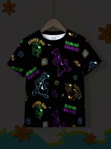 SCOOBY-DOO X SHEIN Tween Boy Cartoon Colorful Neon Puppy Pattern Black Casual Versatile Short Sleeve T-Shirt, Summer - Black - View 2