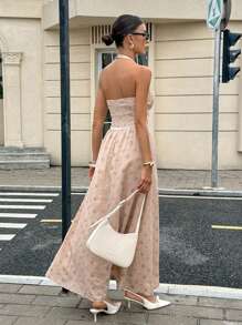Siren Gaze Elegant Dusty Rose Embroidered Halter Neck Long Dress,Women's Summer Holiday Vacation Open Back Waist A-Line Linen Dress For Party,Casual Wear - Apricot - View 2