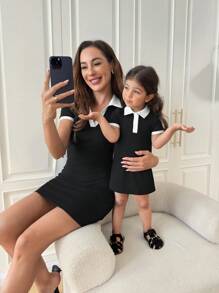 SHEIN Babygirl 可爱针织拼色黑白领短袖迷你连衣裙，夏季 - 黑與白 - 查看 5