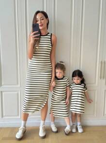 SHEIN Babygirl Cute Summer Elegant Knitted Striped Short Sleeve Loose Dress,Skin-Friendly And Soft Fabric To Protect Baby's Skin, Can Be Worn Indoors Or Outdoors, First Choice For Mothers Mommy And Me Matching Outfits Mama And Me Dresses Mother Daughter Matching Dresses Mommy And Me Striped Dresses Family Matching Outfits - Black and White - View 4