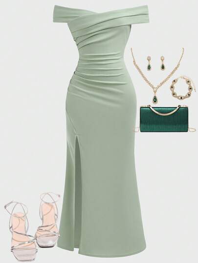 SHEIN Girlism Teen Girl Off Shoulder Ruched Elegant Crossover Hem Slit Fishtail Dress, Suitable For Weddings, Birthday Parties, Galas And Bridesmaid Occasions