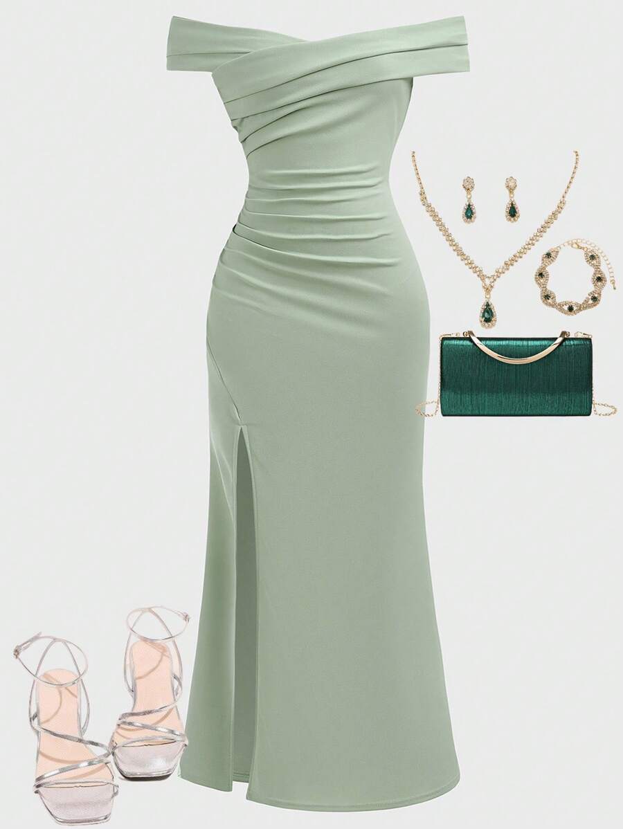 SHEIN Girlism 少女露肩褶皱优雅交叉下摆开衩鱼尾连衣裙，适合婚礼、生日派对、晚宴和伴娘场合。 - 綠色 - 查看 1