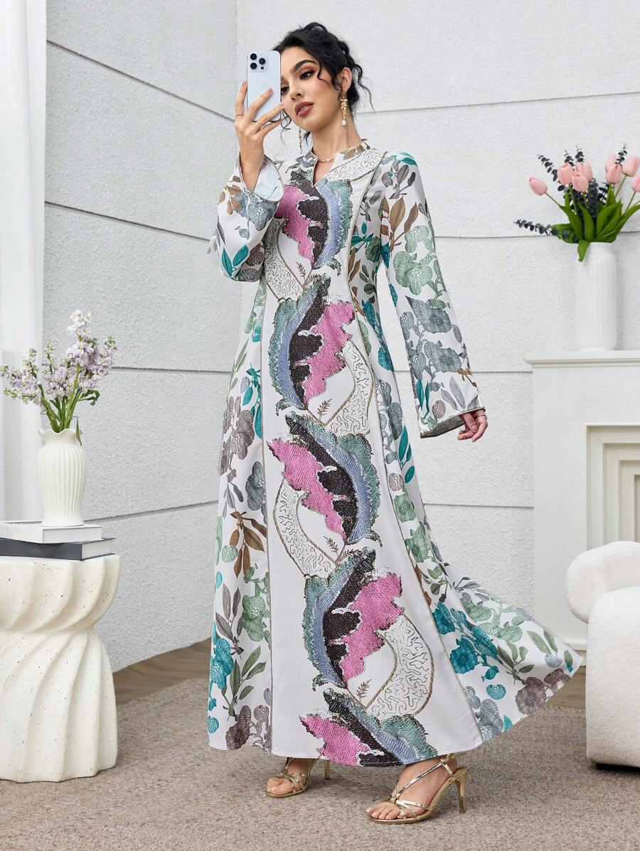 SHEIN Najma Elegantes locker sitzendes Kleid für Frauen mit floralen und Streublumen-Patchwork Applikationen an den Ärmeln