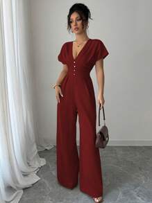 Rafferiza 女式深V领褶饰喇叭腿蝙蝠袖短袖连体裤，优雅