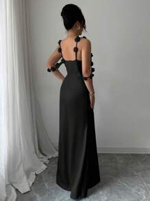 Elenzga 优雅迷人淑女浪漫度假无袖碎花吊带腰饰缎面连衣裙