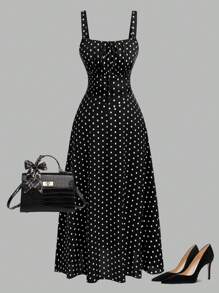 SHEIN Clasi 大码波尔卡圆点前系带夏季休闲时尚吊带连衣裙 - 黑與白 - 查看 1
