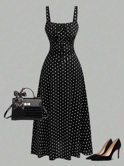 Auvina 大码波尔卡圆点前系带夏季休闲时尚吊带连衣裙