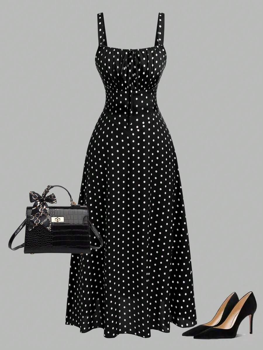 SHEIN Clasi 大码波尔卡圆点前系带夏季休闲时尚吊带连衣裙 - 黑與白 - 查看 1