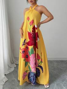 Elenzga Vestido largo de verano con estampado floral, cuello halter, sin mangas y línea A, para mujeres de talla grande - Multicolor - Ver 4