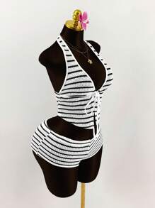 Amplova 2pcs/Set Deep V Halter Tie Front Mini Shorts, Striped - Black and White - View 6