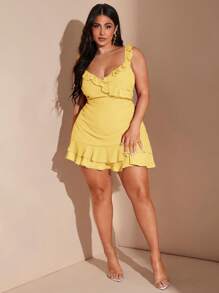 SHEIN BAE Plus Size Women's Elegant Romantic Sexy V-Neck Sweet Cute Versatile Date Night Red Ruffle Hem Mini Dress, Casual Short Dress For Beach Vacation Party,Flowy Dress - Yellow - View 5