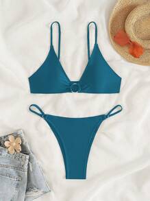 Swim Basics Women's Summer Beach Solid Color Sexy Bikini Set - Blue - View 4