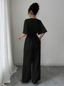 Rafferiza 女式短袖连体裤，撞色饰边，纽扣细节，V 领，抽绳腰部，修身款，适合度假