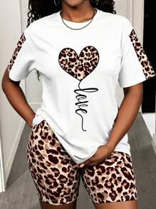 BamGleam 2pcs Women Regular T-Shirt Set, Leopard Print Heart Graphic & Leopard Print Pants - Multicolor - View 1