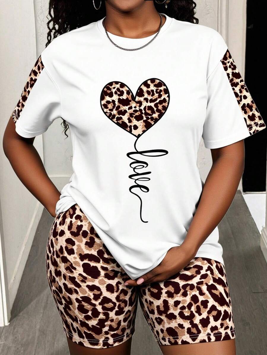 BamGleam 2pcs Women Regular T-Shirt Set, Leopard Print Heart Graphic & Leopard Print Pants - Multicolor - View 1