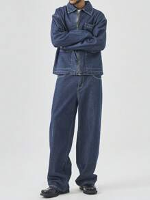 Manfinity Homme Men Loose Fitting Drop Shoulder Long Sleeve Casual Denim Jacket & Jeans Set, Fall - Blue - View 5