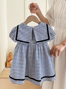 LMoss Kids 女婴海军蓝领条纹针织修身连衣裙 - 藍白色 - 查看 2
