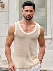 Mainfolk Men's Casual Sleeveless Hollow-Out Tank Top, Suitable For Everyday Wear - Apricot - View 4