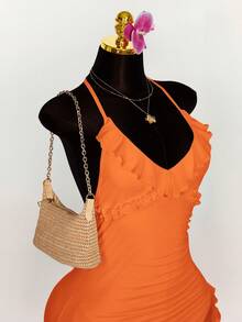 Amplova Deep V-Neck Ruffled Asymmetrical Hem Flounce Tied Bodycon Halter Dress Orange Dress Summer Dress Vacation Dress Orange Ruffle Dress,Party Dresses For Women - Burnt Orange - View 3