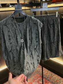 SHEIN Manfinity Dauomo Men's Minimalist Ripped Round Neck Tank Top And Shorts Set, Casual Outfit, Cozy Outfits - Black - View 1