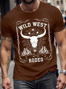 Manfinity LEGND Wild West Cowboy Bull Skull Graphic Regular Fit Brown T-Shirt For Men - Brown - View 1