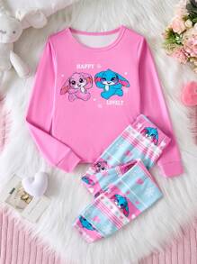 Tween Girl Cute Cartoon Animal Print Long Sleeve Top And Leggings 2 Pieces Pajama Set Snug Fit - Multicolor - View 1