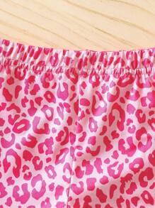 SHEIN Ensemble 2 pièces pour bébé filles 2025 composé d'un Top à manches courtes imprimé crayon mignon et mode + shorts imprimés léopard rose