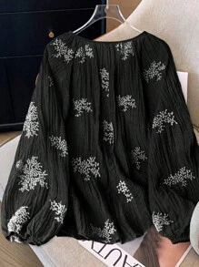 SHEIN Clasi Plus Size Women's Front-Tied Long Sleeve Casual Embroidered Shirt, Suitable For Vacation Fall Cloth For Women - Black - View 2