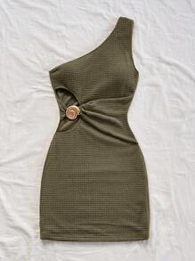 Soleia Women's Summer Vacation Shoulder Cut-Out Seashell Metal Detail Textured Mini Dress, Slim Fit, Suitable For Holiday, Date, Afternoon Tea, Vacation, Music Festival, Boho, Crochet, Linen One Shoulder Dress Olive Dress One Sleeve Dress Summer Dress Bodycon Dress - Army Green - View 6