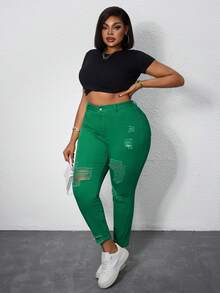 Slaydiva Jeans de corte slim fit, desgastados y de unicolor, para tallas grandes - Verde - Ver 6