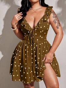 Viva Relle Plus Size Women's Woven Polka Dot Deep V Neck Ruffle Hem Sexy Elegant Romantic Bowknot Dress - Mocha Brown - View 7