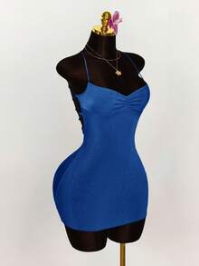 Amplova Váy buộc dây chéo ngực nhún bèo sau lưng - Xanh đậm - Xem 4