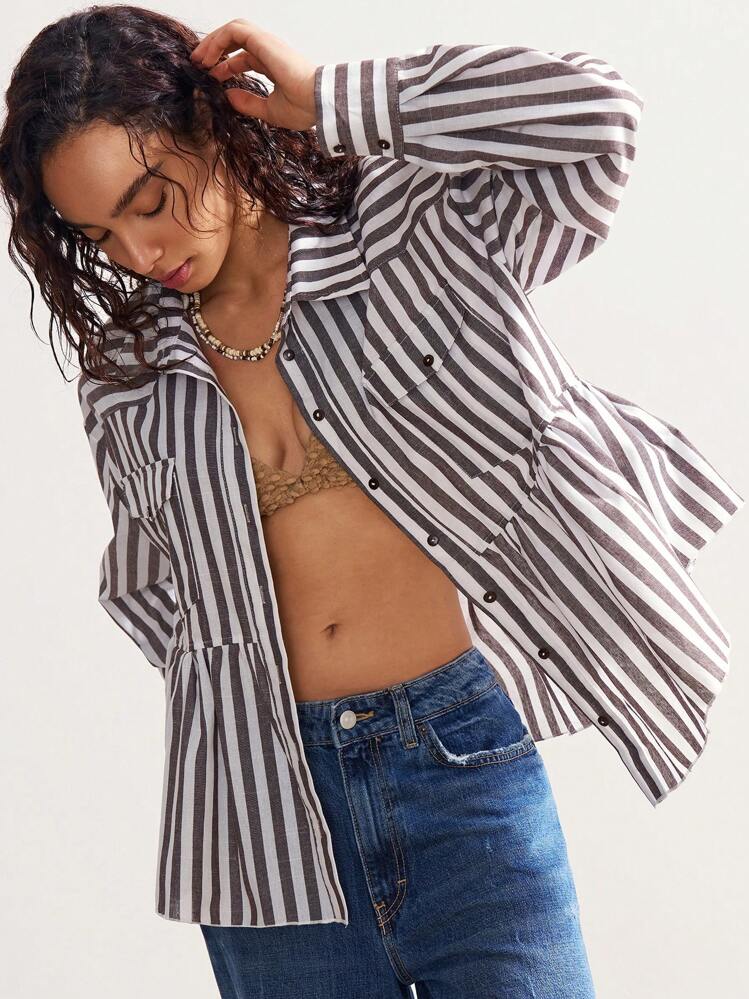 Bohemela Boho Casual Woven Striped Shirt For Women With Collar, Long Sleeve And Loose Fit Asymmetric Hem Shirt With Pockets, Vintage Country Style Vacation For Summer/Autumn - Multicolor - View 5